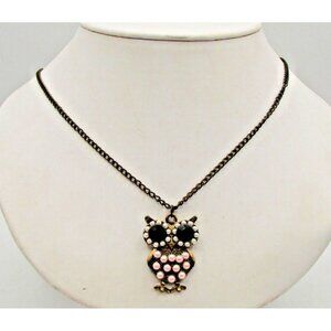 Brass Tone Pink White Pearl Owl Pendant Big Black Rhinestone Eyes Necklace 15"